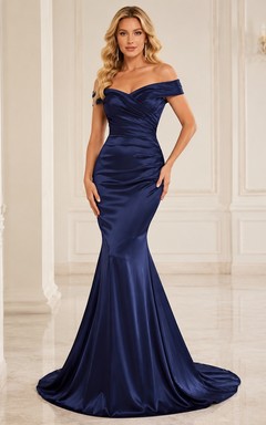 Navy Satin Off-the-shoulder Short Sleeve Mermaid Floor-length Ruched Elegant Formal Evening Gown