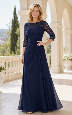 Dark Navy Floor-Length A-Line Modest Mother of the Bride Gown with Bateau Lace Bodice and Three-Quarter Illusion Sleeves