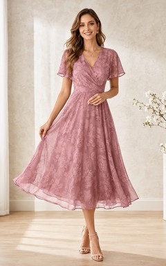 Vestido de noche de largo midi, color rosa empolvado, con escote en V, mangas tipo pétalo, encaje, gasa y pliegues.