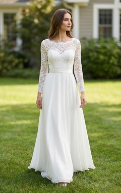 Robe de mariée modeste en dentelle et mousseline à col bateau