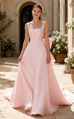 Pearl Pink Square Neck Satin A-Line Bow Back Cathedral Wedding Gown
