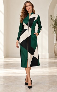 Dark Green Geometric High Neck Long Sleeve Zip Dress