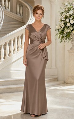 MOB Kleid Taupe Satin Etuikleid Kurzarm V-Ausschnitt Bodenlang Gerafft