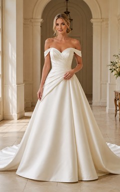 Vestido de novia de satén, estilo princesa, sin hombros, manga corta, cola de corte.