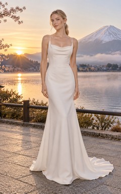 Schlichtes Meerjungfrauen-Brautkleid mit Wasserfallausschnitt, Spaghettiträgern und Schleppe