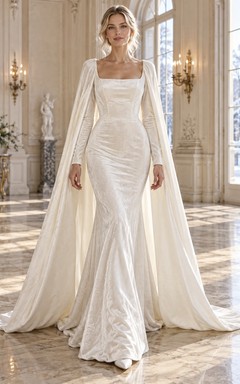 Vestido de novia de invierno con capa de terciopelo liso, manga larga y cuello cuadrado, estilo sirena.
