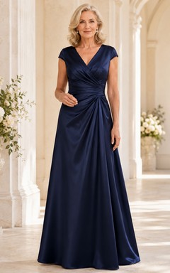Elegantes, dunkelblaues, bodenlanges A-Linien-Satinkleid in A-Linie für die Mutter der Braut mit V-Ausschnitt, kurzen Ärmeln und drapierter Taille.