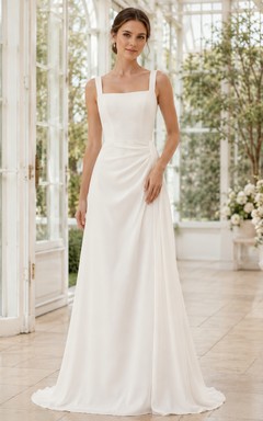 Brautkleid aus Satin, A-Linie, eckiger Ausschnitt, ärmellos, Schleppe