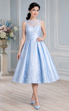 Vintage Sky Blue Illusion Jewel Lace A-Line Tea-Length Formal Dress