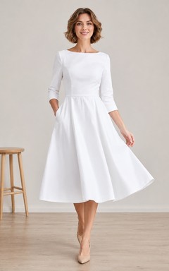 Weißes Midikleid in A-Linie mit Rundhalsausschnitt und Dreiviertelärmeln
