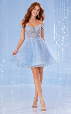 Himmelblaues schulterfreies Mini-Cocktailkleid aus Spitze, Glitzertüll und A-Linie für den Homecoming-Ball