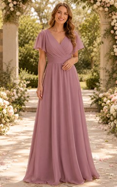 Mauve V-neck flutter sleeve chiffon floor length bridesmaid dress