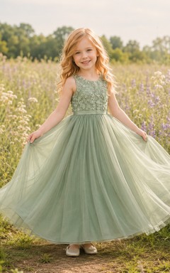 Robe de demoiselle d'honneur Sage, coupe trapèze, en tulle et dentelle, col bijou, sans manches, longueur au sol