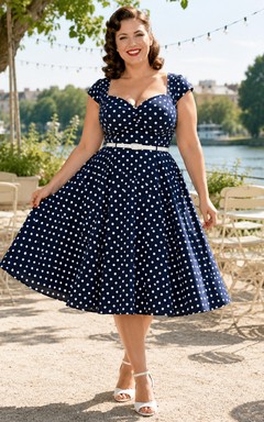 Robe cocktail grande taille vintage bleu marine à pois, décolleté cœur, manches courtes, coupe trapèze, longueur thé