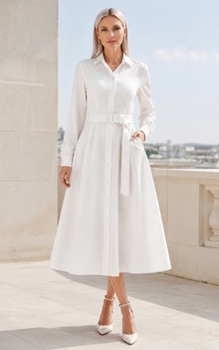 Vestido formal de corte A, largo midi, largo midi, de satén blanco, con escote en V, manga larga y fajín.
