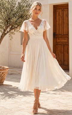 Vestido de novia bohemio de gasa con escote en V y mangas con volantes, ideal para bodas campestres en jardines.