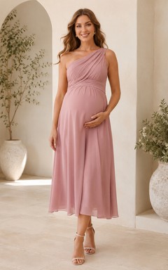 Vestido de fiesta de gasa de un solo hombro estilo imperio, color rosa empolvado, para invitada.