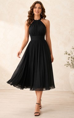 Elegant Black Halter Sleeveless Tea-length Chiffon A-line Pleated Dress