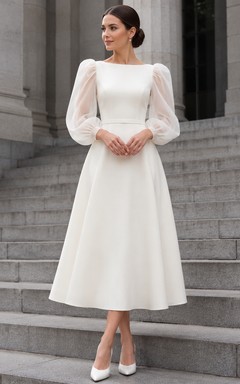 Modest Bateau Neck Sheer Long Sleeve Tea Length Wedding Dress