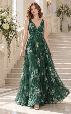 Vestido de fiesta largo hasta el suelo de gasa sin mangas con escote en V y estampado floral verde oscuro, corte en A.