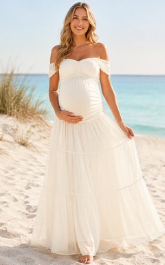 Weißes Umstands-Strandkleid aus Tüll in A-Linie mit schulterfreiem Schnitt und Stufenrock, bodenlang