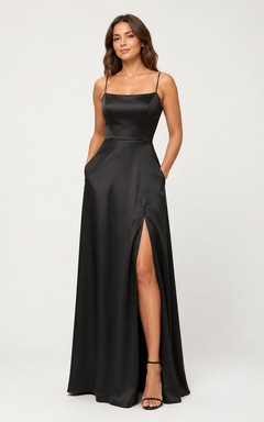 Vestido formal de satén negro con tirantes finos y corte en A, con bolsillos.