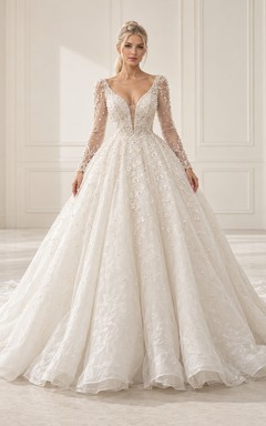 Long Sleeve Plunge V-neck Lace Ball Gown Wedding Dress