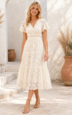Cream Lace V-neck Cap Sleeve A-Line Tea-length Bohemian Romantic Garden Tiered Wedding Guest Dress