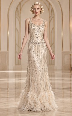 1920s Champagne Scoop Neck Beaded Feather Hem Long Evening Dress