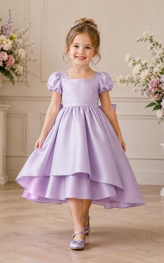 Flower Girl Dress Lavender Satin A-Line Short Sleeve Square Neck Tea Length Bow Detail