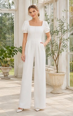 Modern Square Neck Short Puff Sleeve Wide Leg Courthouse Wedding Jumpsuit