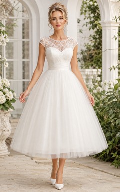 White Lace Short Sleeve Sweetheart Tulle Tea-Length A-Line Dress