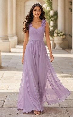 Lavendelfarbenes Brautjungfernkleid für junge Frauen, A-Linie, herzförmig, ärmellos, Chiffon, mit floralen Details, romantisch