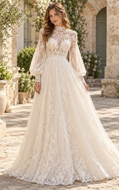 High Neck Long Poet Sleeve Lace Tulle A-Line Wedding Dress