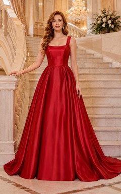 Red Square Neck Straps Satin Ball Gown Wedding Dress