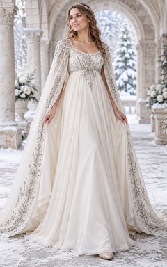 Vestido de novia de invierno con escote redondo, capa plateada bordada con motivos botánicos y caída fluida, corte en A.