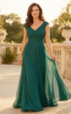 Dunkelgrünes, paillettenbesetztes Tüll-A-Linien-Kleid für Mütter