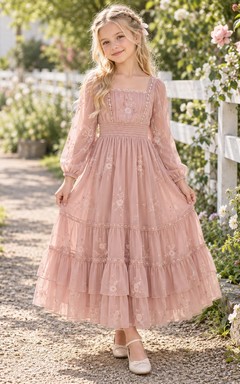 Boho-Kleid für Blumenmädchen, langärmelig, rosa, mit eckigem Ausschnitt, Stufenrock aus Tüll, Blumenmädchenkleid