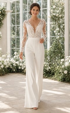 Romantic V-Neck Long Illusion Sleeve Lace Satin Wide Leg Bridal Wedding Jumpsuit