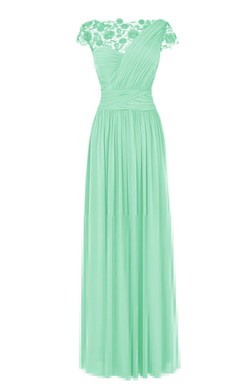 Lace Cap-sleeve One-shoulder Pleated Chiffon A-line Dress