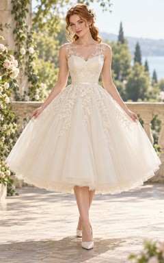 Vintage Tea-length Sleeveless Floral Tulle Illusion A-line Wedding Dress