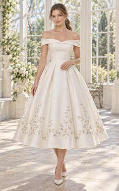 Vintage Tea-length Off Shoulder Floral Embroidered Satin A-line Wedding Dress