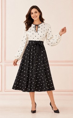 Teelanges, schlichtes schwarzes A-Linien-Kleid mit Schleife am Hals und Blumenmuster