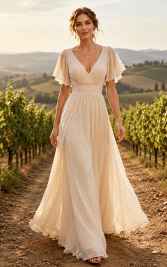 Flowing V-Neck Flutter Sleeve Vineyard Elopement Bridal Gown