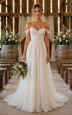 Off-the-Shoulder A-Line Country Wedding Dress with Lace Bodice and Tulle Skirt
