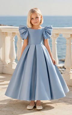 Slate Blue Sculptural Bow A-Line Satin Flower Girl Dress, Sleeveless Jewel Neck, Tea-Length Beach Reception