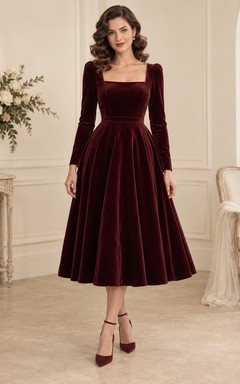 Vestido de dama de honor vintage de terciopelo burdeos con cuello cuadrado y mangas largas hasta la rodilla