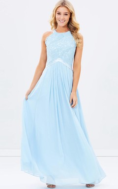 Appliqued Scoop Neck Sleeveless Chiffon Blue Bridesmaid Dress With Ribbon