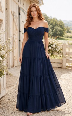 Country Dark Navy Off-Shoulder Chiffon A-Line Floor-Length Tiered Dress