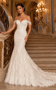 Off Shoulder Lace Ballroom Mermaid Train Bridal Gown